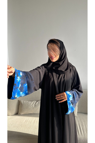 outline Black chiffon flared abaya with blue rose print