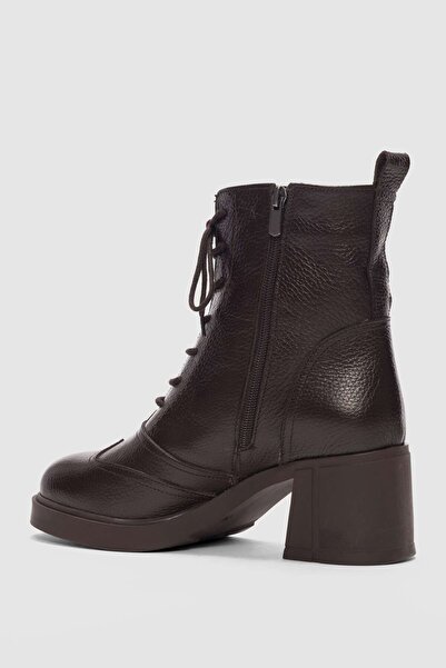 selin shoes Solenne Hakiki Deri Bağcıklı ve Yandan Fermuarlı Kadın Bot- KAHVERENGİ