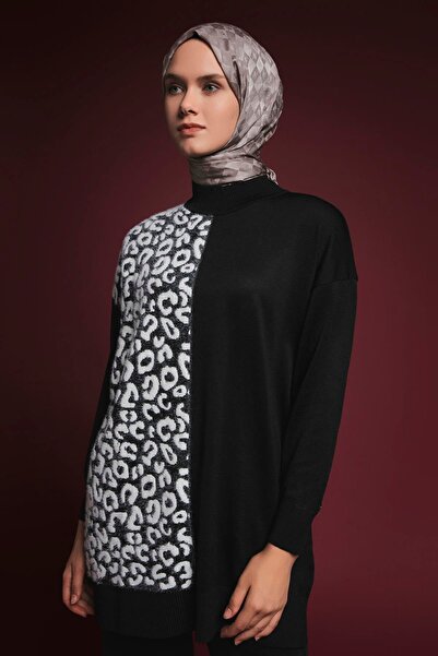 Armine TREND Leopard Printed Turtleneck Knit Tunic Black 25Ytd4110