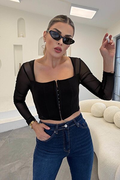 Eswomes Kare Yaka Crop Korse Bluz Siyah