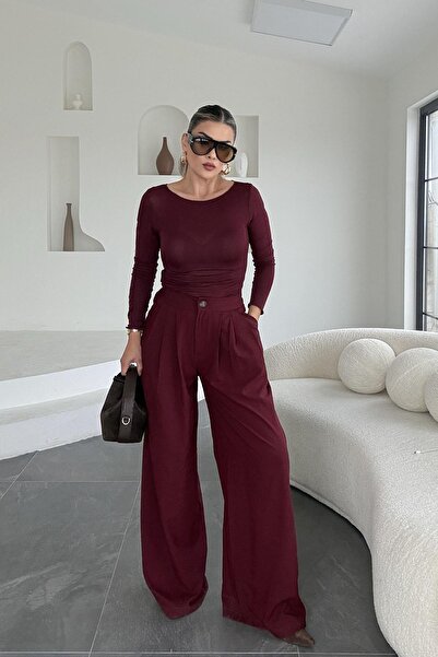 Eswomes Elastic Waist Pleated Palazzo Pants Claret Red