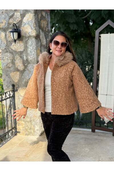 Punta Otantik YG9190 Kürklü Düğmeli İtalyan Keçe Panço Ceket Camel