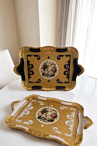 Sevinse Home Italian Rosewood 8-Person Luxury Handmade Tray Gold Cream, Presentation Tray