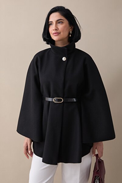 InStyle Belted Black Short Poncho