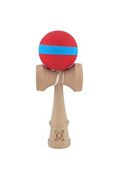 Kendama X Originala, Profesionala, 18 cm, din Lemn, Rubber Grip, Rosu/Albastru