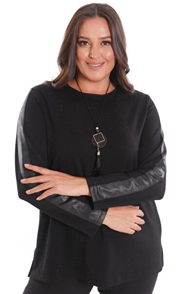 Metpoint Trend42plus Μπλούζα μεγάλου μεγέθους με δερμάτινο μανίκι ριγέ Self Stone Μαύρη μπλούζα