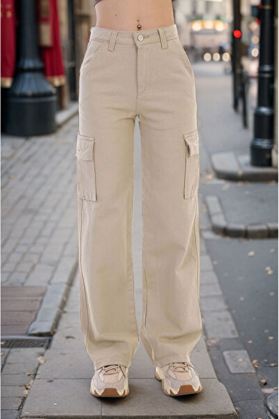 Asortix Kız Çocuk Kargo Cep Detaylı Yüksek Bel Wide Leg Kot Pantolon