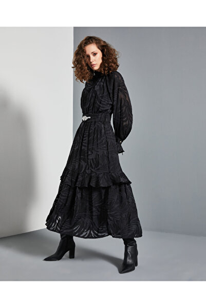 SERPİL Kadın Uzun Elbise - Katlı Etek Tasarımlı ve İşlemeli Kemer Detaylı