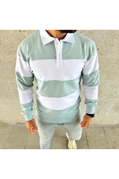MODA Men's Polo Neck Long Sleeve Striped Sweatshirt Trend Rugby Style - Green