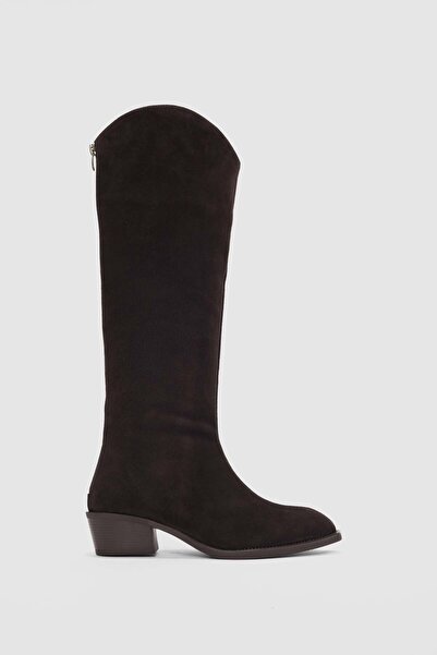 selin shoes Alvione Genuine Leather Women's Boots with Back Zipper Detail - Brown Suede