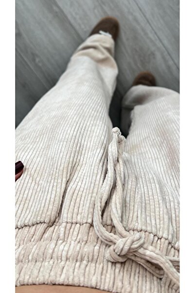 Oslove Beige elastic waist Corded Fabric velvet trousers