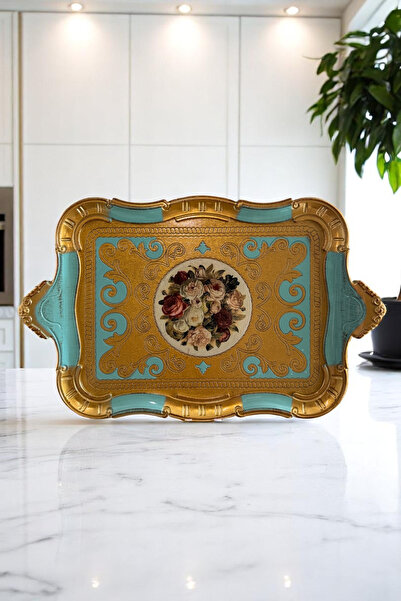 Sevinse Home Italian Rosewood 8-Person Luxury Handmade Tray Turquoise Gold, Presentation Tray