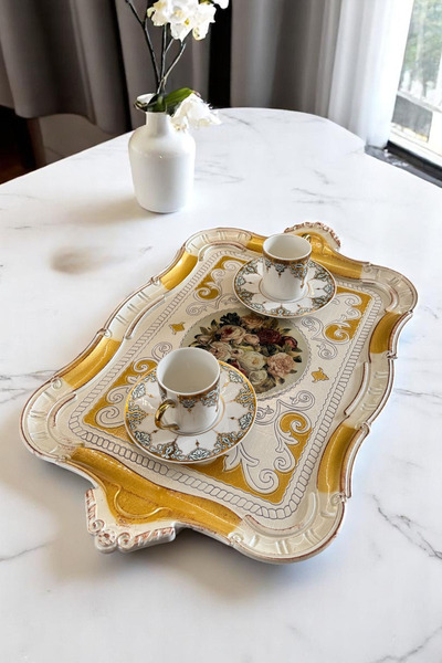 Sevinse Home Italian Rosewood 8-Person Luxury Handmade Tray Cream Gold, Presentation Tray