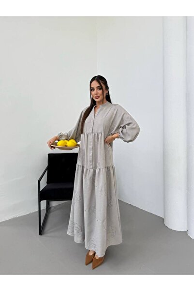 PREMİER VİE Tesettür Linen Fabric V-Neck Dress