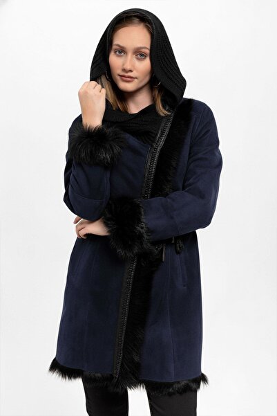 Deriderim Navy Blue Seline Knitwear Hooded Genuine Leather Fur Coat
