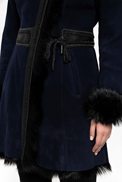 Deriderim Navy Blue Seline Knitwear Hooded Genuine Leather Fur Coat