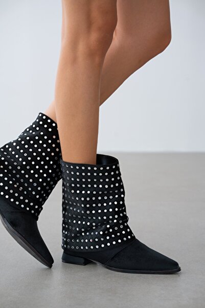 selin shoes Vionne Women's Low Heel Boots with Silver Stone Detail on Velvet Fabric - Silver