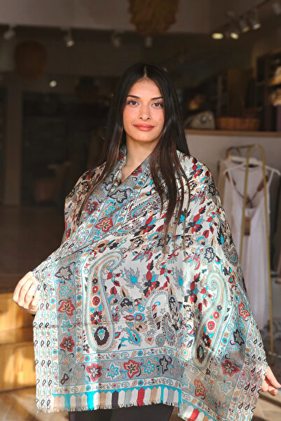 İpek Gri Bordo Desenli Yüzükten Geçen Şal