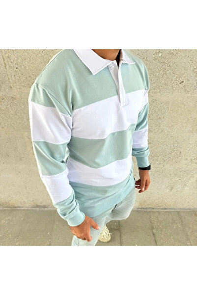 MODA Men's Polo Neck Long Sleeve Striped Sweatshirt Trend Rugby Style - Green