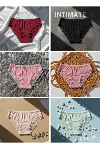 İntimate Women's Solid Color Lace Detailed Cotton Stretchy Bikini Type 6-Piece Panties