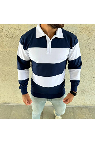 MODA Men's Polo Neck Long Sleeve Striped Sweatshirt Trend Rugby Style - Navy Blue