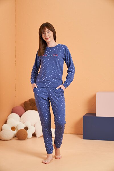 PJS Γυναικείο σετ πιτζάμες από 100% βαμβακερό μονόχρωμο μπλε με σχέδιο καρδιάς με τσέπες - μακρυμάνικο