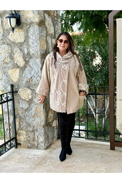 Punta Otantik Yg89052 Degaje Felt Coat with Top Closure and Pockets Beige