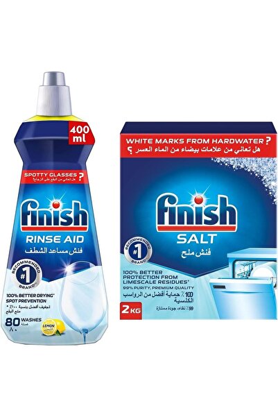 Finish Dishwasher Detergent Rinse Aid Liquid Lemon 400ml + Dishwasher Salt - 2 Kg