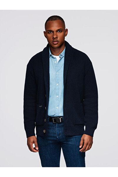 OMBRE Pulover bărbătesc din bumbac cu guler șal - bleumarin OM-SWCD-0153