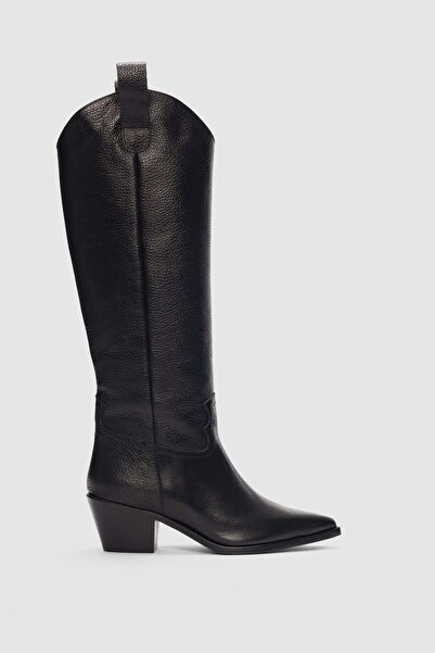 selin shoes Orbit Pointed Toe Detailed Genuine Leather Women's Boots-Black