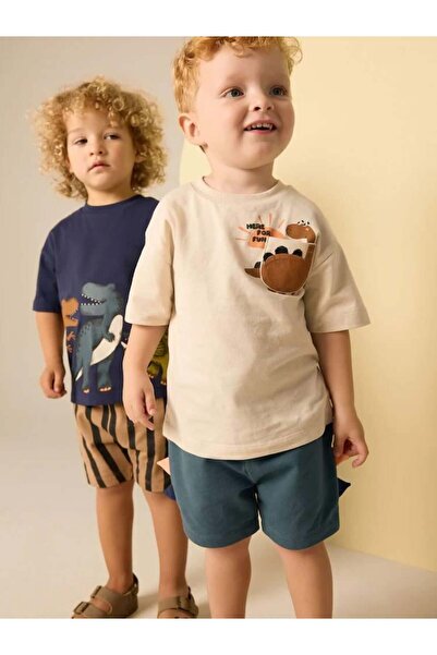 Elefantejr Beige Dinosaur Shorts Suit