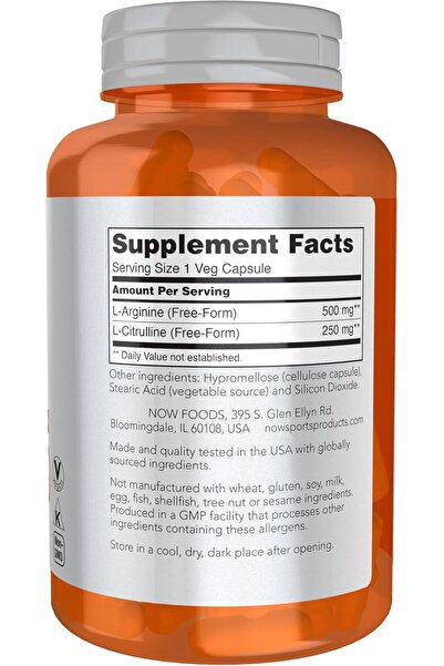 Now Arginine & Citrulline 500mg/250mg - 120 Vegan Capsules