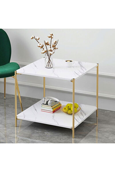 Ch A serving table for living rooms and salons with two shelves, a gold base, a modern design, and a white marble pattern.