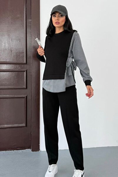 Ded COLLECTION Women's Side Tie Striped Long Sleeve Shirt Detailed Sporty Stylish Modal Set