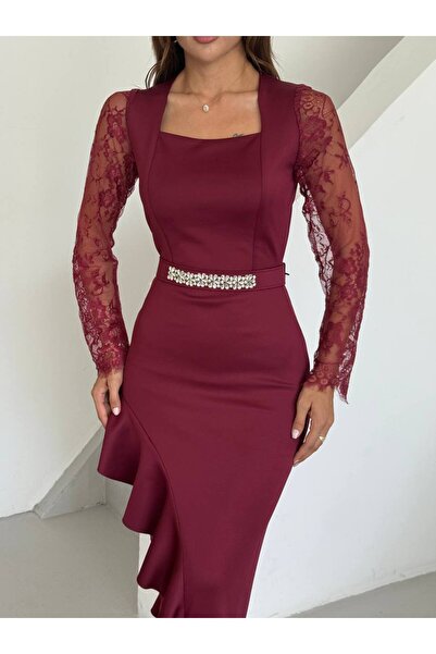 Siseniorita Rochie Midi Elegantă Dama cu Mâneci din Dantelă, Decolteu Pătrat și Volan Asimetric
