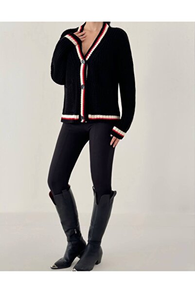 İLKCET MODA Women's Black V-Neck Striped Detail Knitwear Cardigan