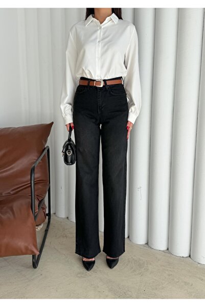 Bluezoni Women's High Waist Black Raw Hem Belted Palazzo Jean