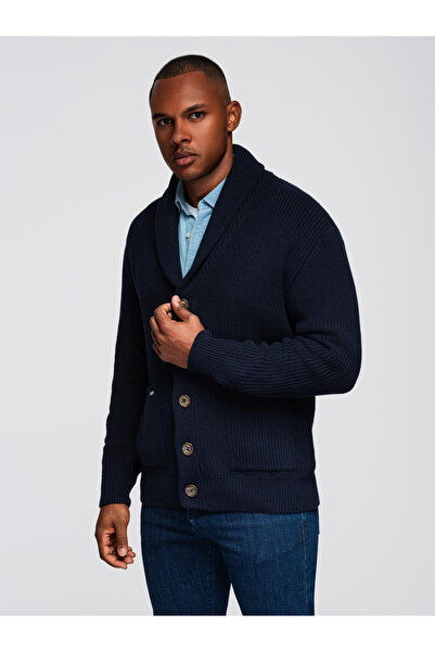 OMBRE Pulover bărbătesc din bumbac cu guler șal - bleumarin OM-SWCD-0153