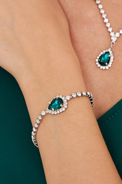 Jewelliss Kristal Zümrüt Damla Taşlı Kolye Küpe Bileklik Su Yolu Bijuteri Set Ayarlanabilir Düğün