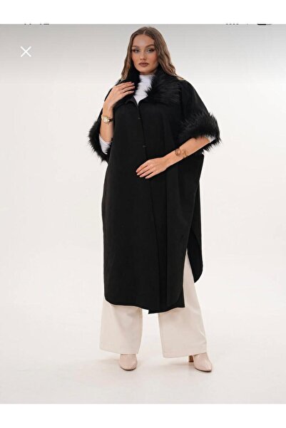 BY AKKAYA Yaka ve Kol Detaylı Süet 38 -50 Beden aralığı Giyilebilen Panço