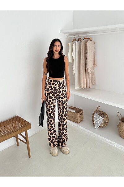 b buhari bykoc High Waist Leopard Print Wide Leg Diver Fabric Pants