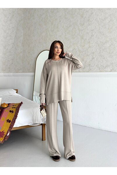 LAMİFUSTORE Modal Fabric Side Slit Sweater Pants Set
