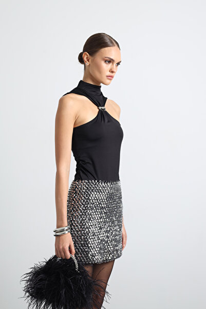 Mozto Ruelle Black Halter Neck Buckle Detailed Bodysuit