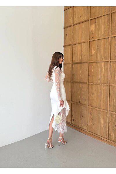 Siseniorita Women's Elegant Midi Dress with Lace Sleeves, Square Neckline and Asymmetrical Ruffle