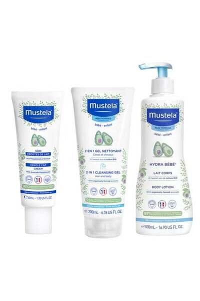 Mustela Hydra Bébé Body Lotion 500 ml + 2-in-1 Avocado Gel + Cradle Cap Cream 40 ml