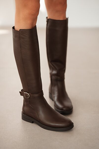 selin shoes Zevon Genuine Leather Side Zipper Ankle Boots with Adjustable Buckle Detail for Women - Brown