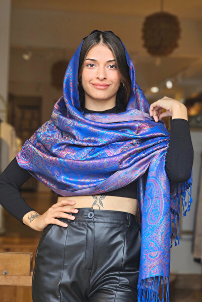 İpek Mavi Mor Jakarlı Baş Örtüsü Şal