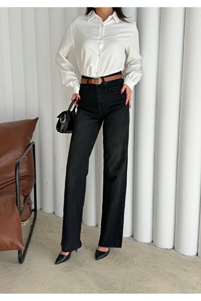 Bluezoni Women's High Waist Black Raw Hem Belted Palazzo Jean