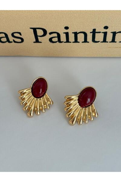 marsel aksesuar Bordo Mineli Yelpaze Model Orta Boy Gold Çelik Küpe