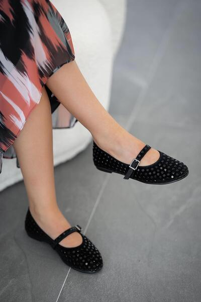 Parponi Belgrade Women's Suede Stone Ballerinas Black Black